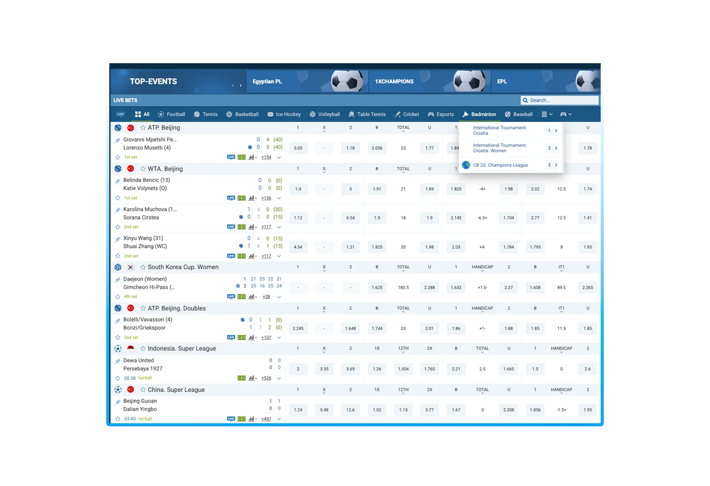 Selecting the desired sporting event